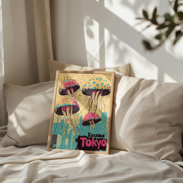 Intricate Japan retro poster blending sea life and urban culture