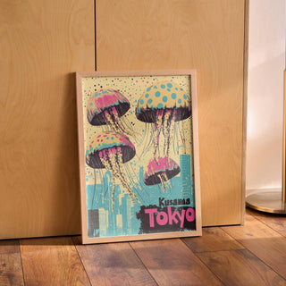 Tokyo skyline and jellyfish art in a bold Japan retro poster format