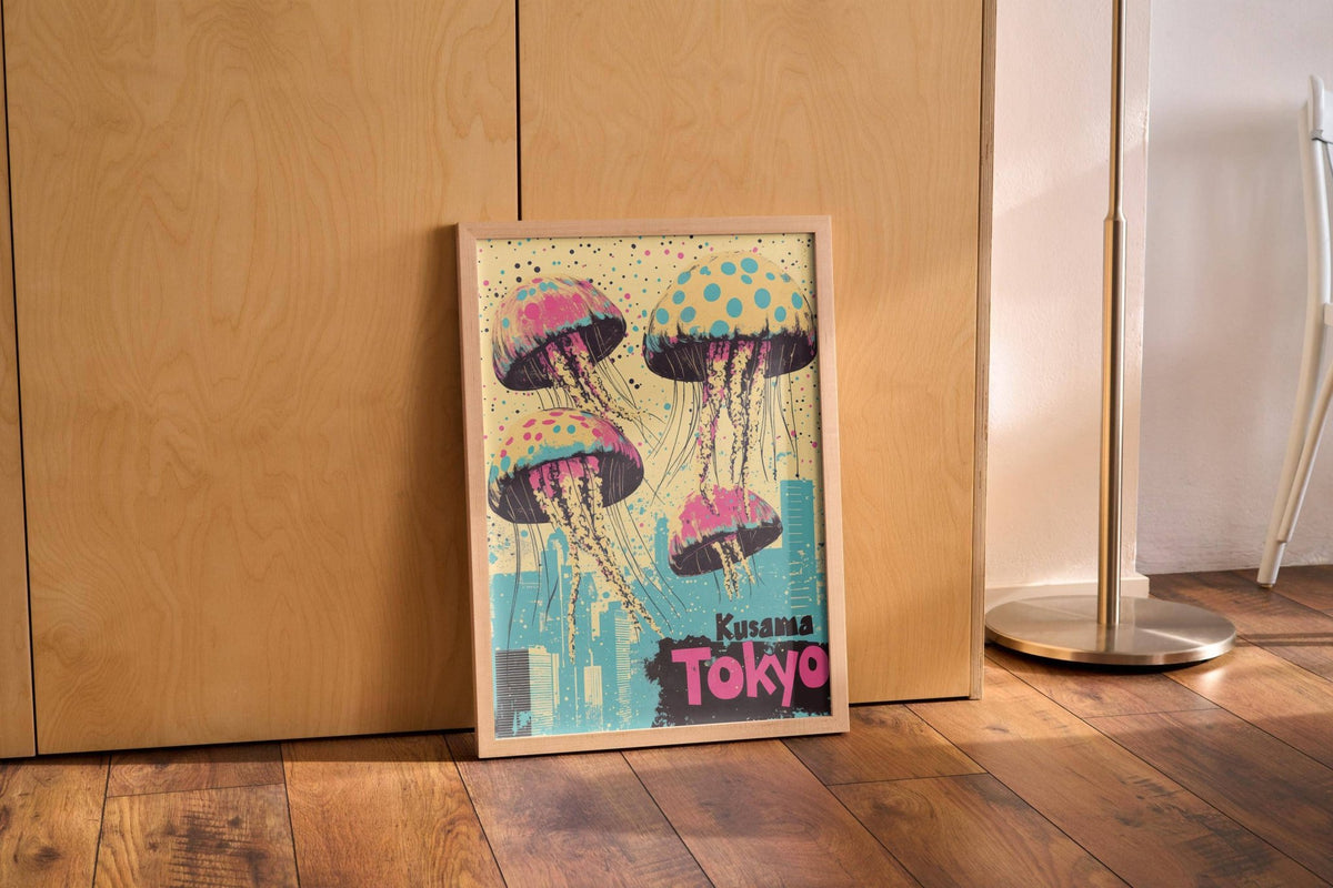 Tokyo skyline and jellyfish art in a bold Japan retro poster format