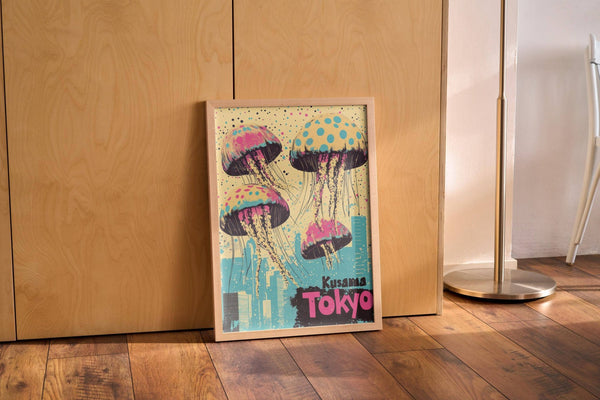 Tokyo skyline and jellyfish art in a bold Japan retro poster format
