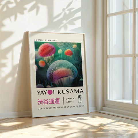 Colorful modern art print by Yayoi Kusama, perfect for living room decor