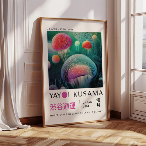 Unique wall art featuring Yayoi Kusama&#39;s colorful jellyfish design