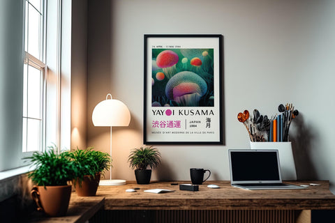 Art print of jellyfish by Yayoi Kusama, perfect for office wall decor