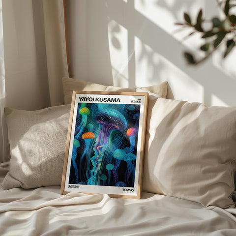 Japanese art prints with abstract jellyfish design for bedroom walls.