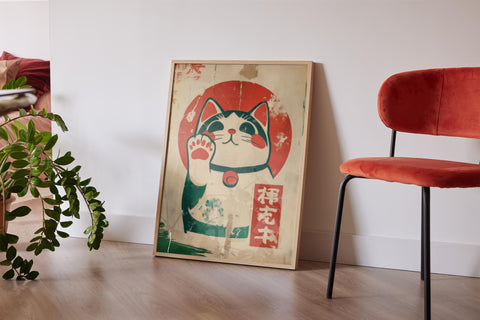 Japanese fortune cat print with a weathered, nostalgic look