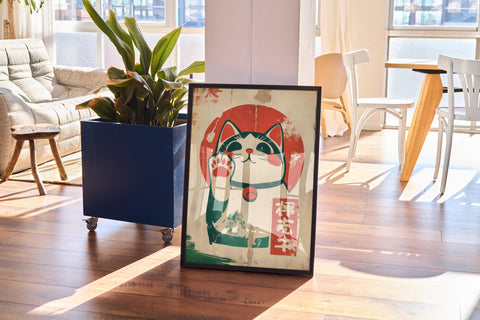 Retro Japanese decor with a lucky cat design for home or office