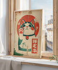 Traditional Maneki Neko cat print with a vintage red and white design