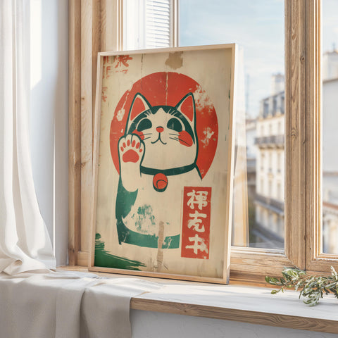 Traditional Maneki Neko cat print with a vintage red and white design