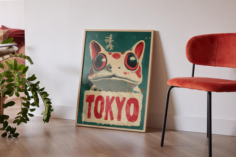 Retro frog poster in green and red for quirky home decor.