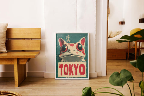 Frog with large eyes and &quot;Tokyo&quot; text, perfect for Japandi style decor.