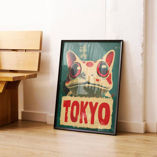 Home office wall featuring Japanese frog prints with urban twist
