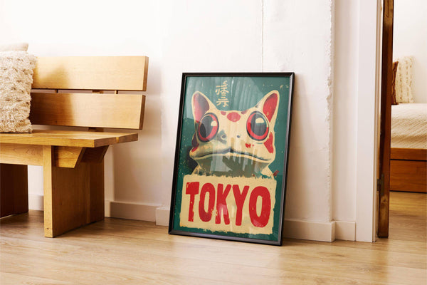 Home office wall featuring Japanese frog prints with urban twist