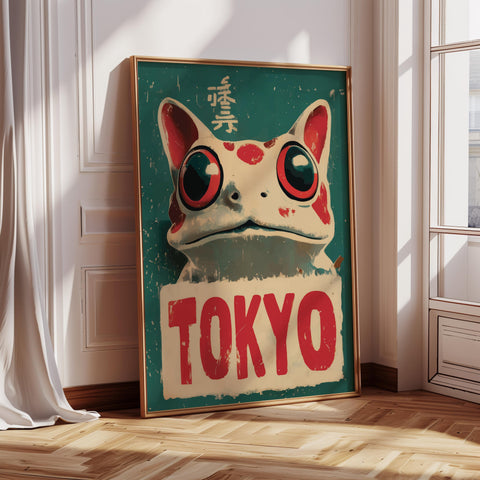 Retro Japanese art poster with a unique frog design and Tokyo lettering.