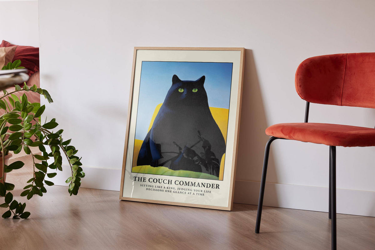 Funny black cat art print for lighthearted yet elegant home decor