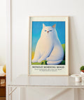 Humorous white cat print with a grumpy face, ideal for bedroom decor.