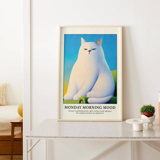 Cartoon-style white cat featured in cat poster wall for daily laughs

