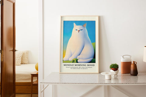 Humorous white cat print with a grumpy face, ideal for bedroom decor.