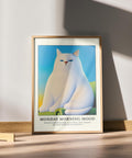 Trendy white cat poster with blue eyes, representing the Monday morning mood.