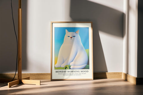 Trendy white cat poster with blue eyes, representing the Monday morning mood.