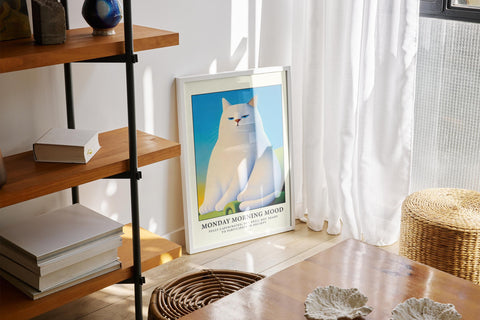 Quirky white cat art piece, perfect for cat lovers who aren&#39;t ready for the day.