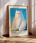 Minimalist white cat illustration with a blank stare, perfect for humorous wall art.