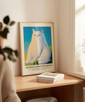 Hilarious white cat poster print for adding humor to your home decor.