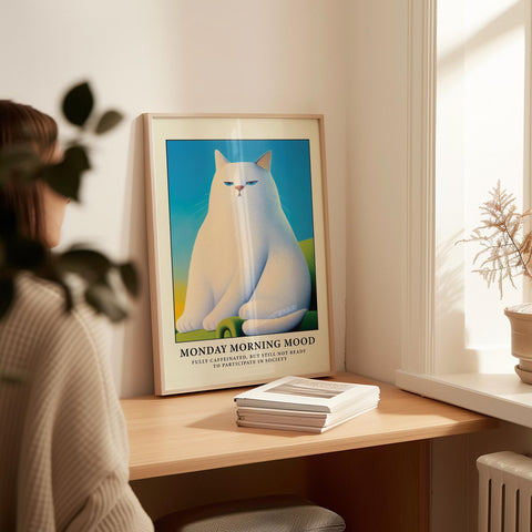 Hilarious white cat poster print for adding humor to your home decor.