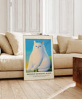 Unique white cat poster for wall decor, showcasing a humorous and relatable mood.