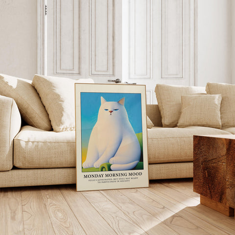 Unique white cat poster for wall decor, showcasing a humorous and relatable mood.