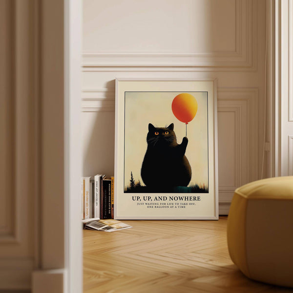 Quirky funny cat poster featuring a plump feline and vibrant balloon