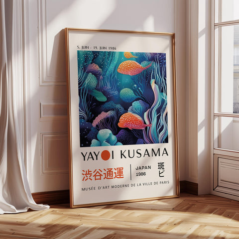 ayoi Kusama Japanese wall art featuring vibrant coral reefs and playful clown fish