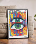 Funky art print featuring bold and colorful patterns by Yayoi Kusama.