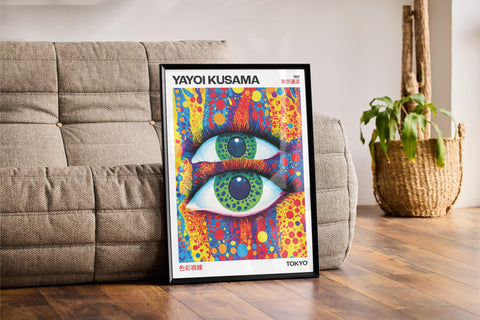 Funky art print featuring bold and colorful patterns by Yayoi Kusama.