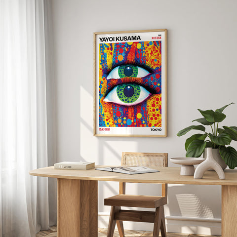 Unique and original pop art poster with colorful patterns by Yayoi Kusama.