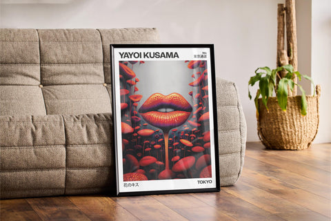 Abstract lips art by Yayoi Kusama with vibrant red tones.