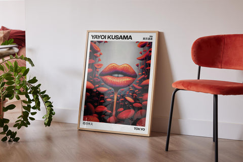 Large red lips art print with a surreal design.