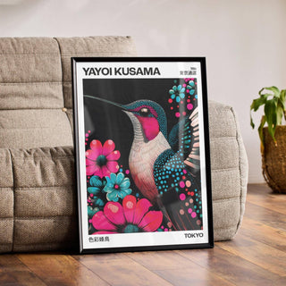 Large bird prints with Kusama-style dot patterns and bold colours