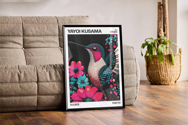 Large bird prints with Kusama-style dot patterns and bold colours