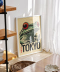 Frog poster with red eyes and Tokyo backdrop.