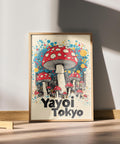 Vintage mushroom poster with Tokyo skyline.