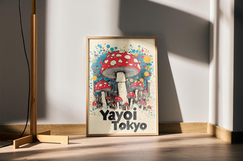 Vintage mushroom poster with Tokyo skyline.