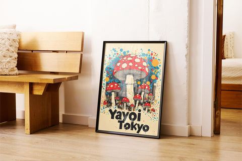 Retro-inspired Yayoi Tokyo art print with vibrant mushrooms.