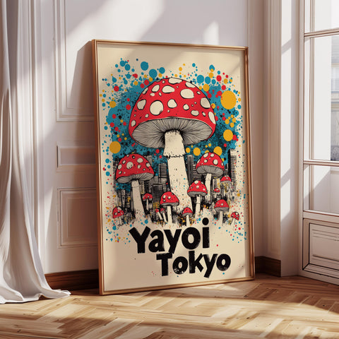 Colorful mushroom wall art featuring Japanese urban scene.