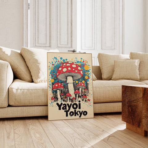 Colorful retro wall art with oversized mushrooms and city view.