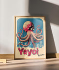 Retro Japanese art print featuring a large octopus