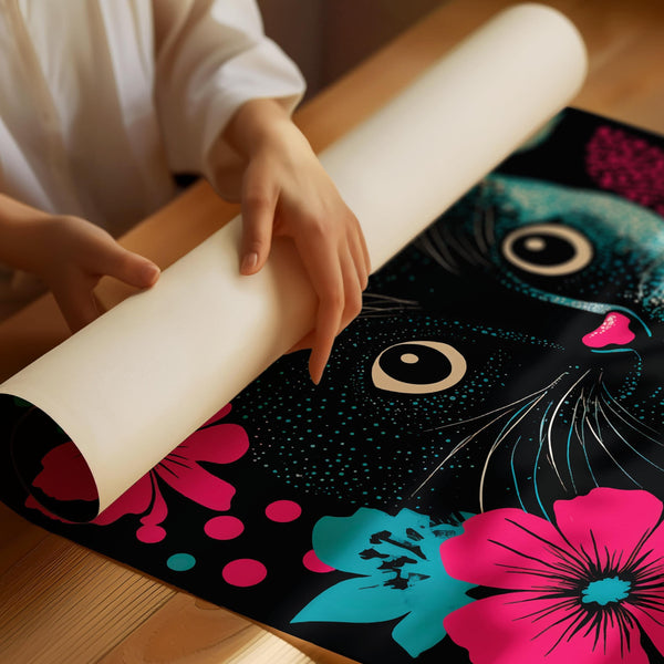Kusama-inspired Japanese cat art print in vibrant teal and pink tones