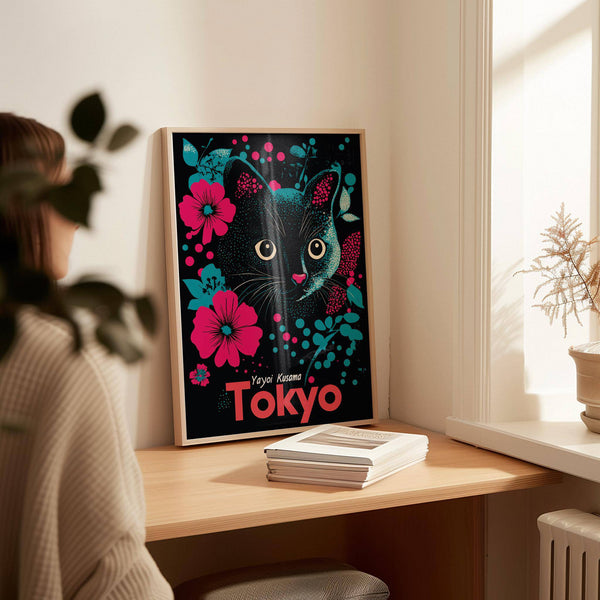 Contemporary Japanese cat art featuring bold shapes and bright colour palette