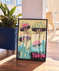 Colorful jellyfish illustration set against Tokyo skyline