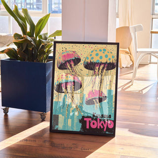 Kusama-inspired Japan retro poster with vibrant ocean and city fusion