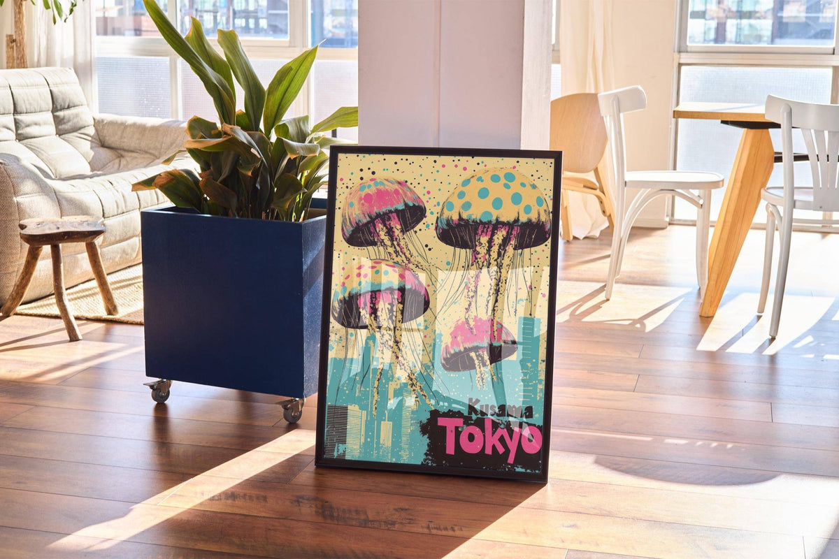 Kusama-inspired Japan retro poster with vibrant ocean and city fusion